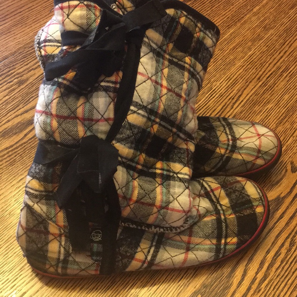 Plaid slipper boots w/ties on sides